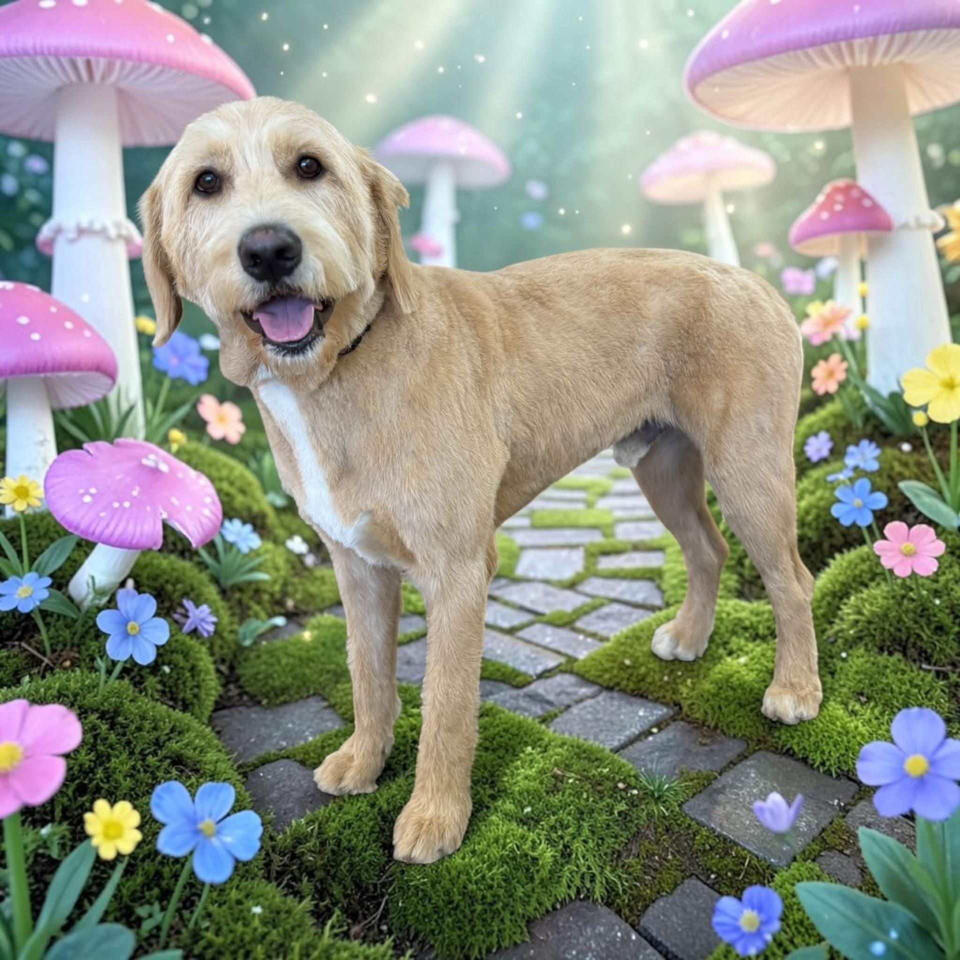 Cream doodle standing in a pastel mushroom garden after a full groom
