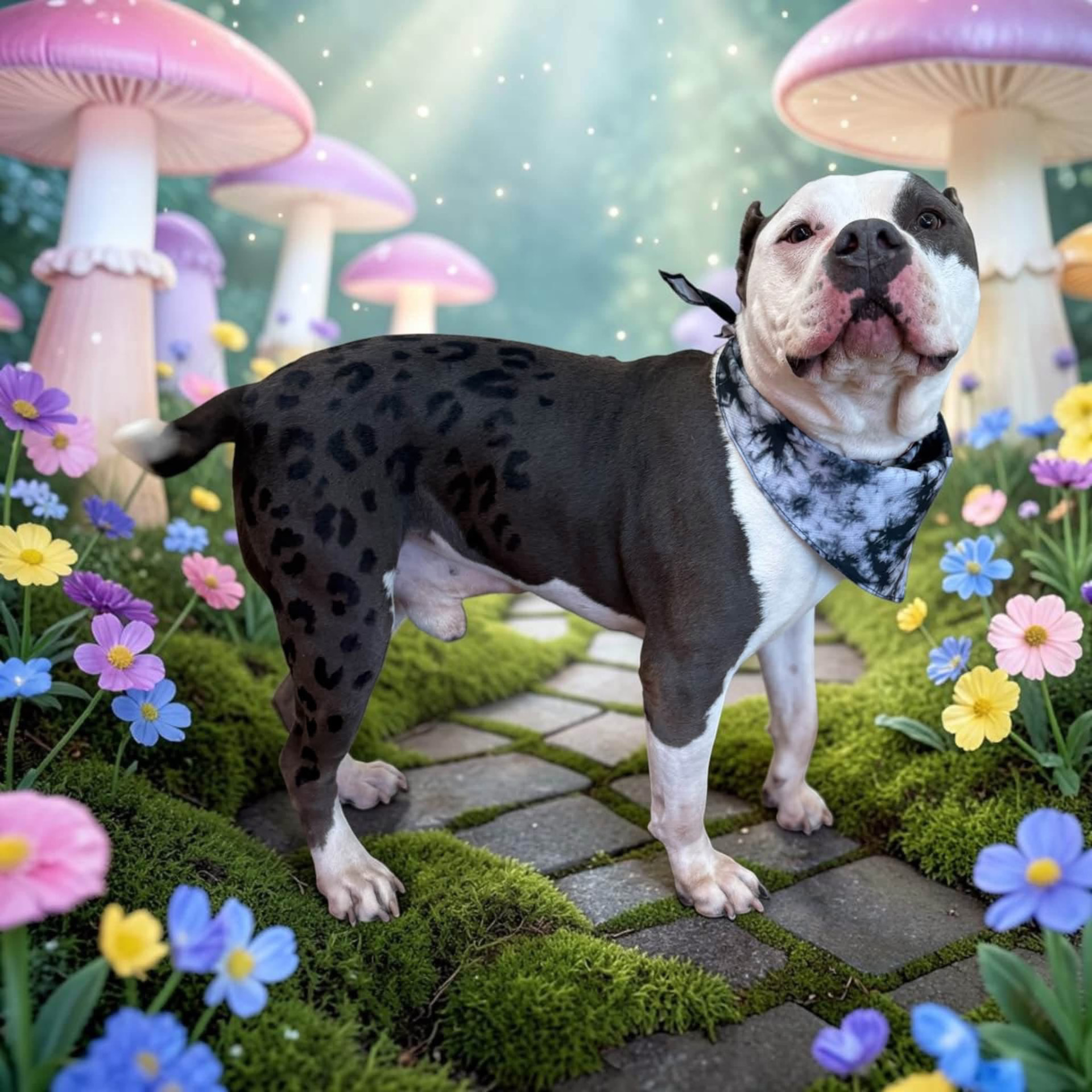 Black and white pit bull with leopard stencil design in a mushroom garden set