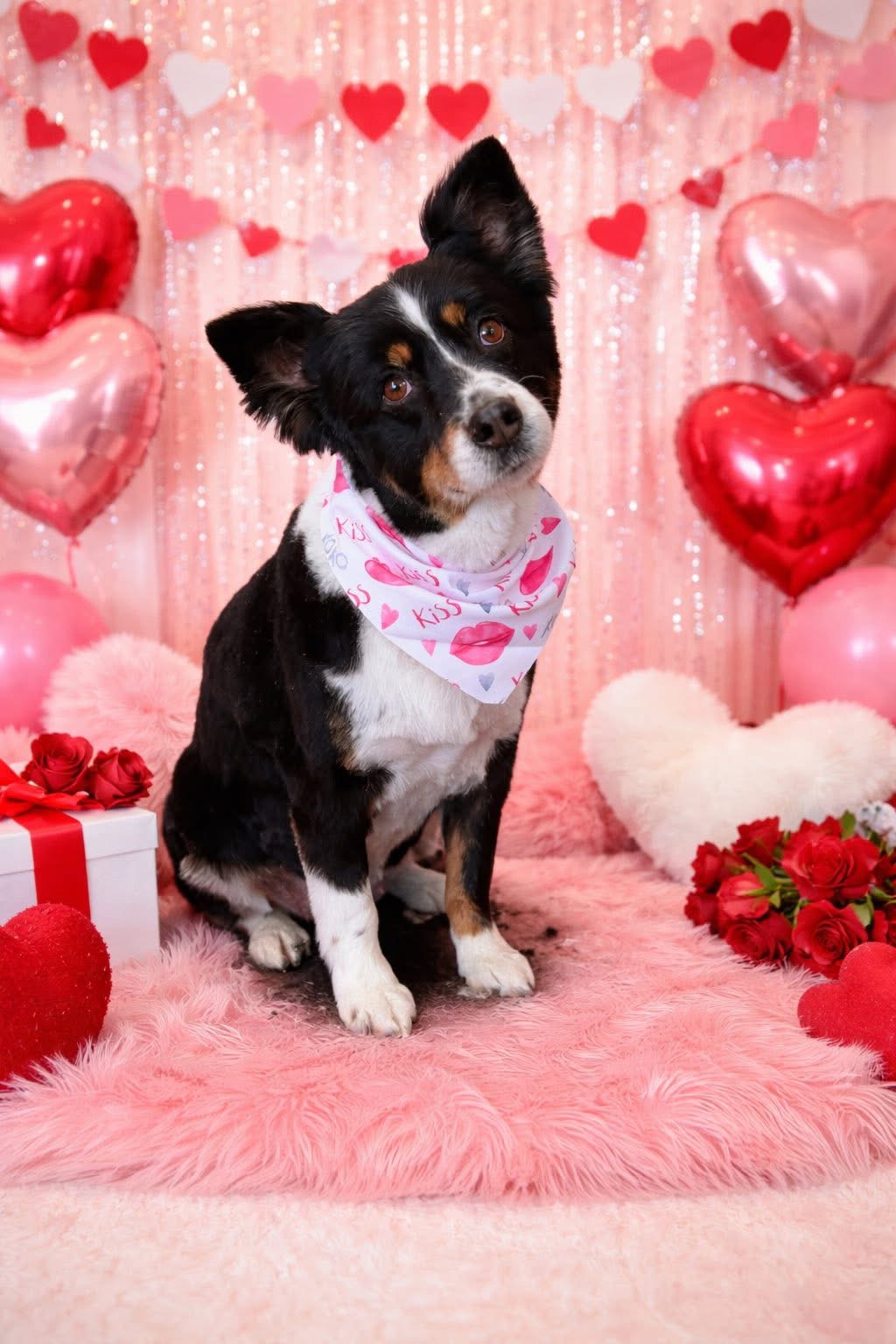 Tricolour collie mix in a kiss print bandana on a pink Valentine's set