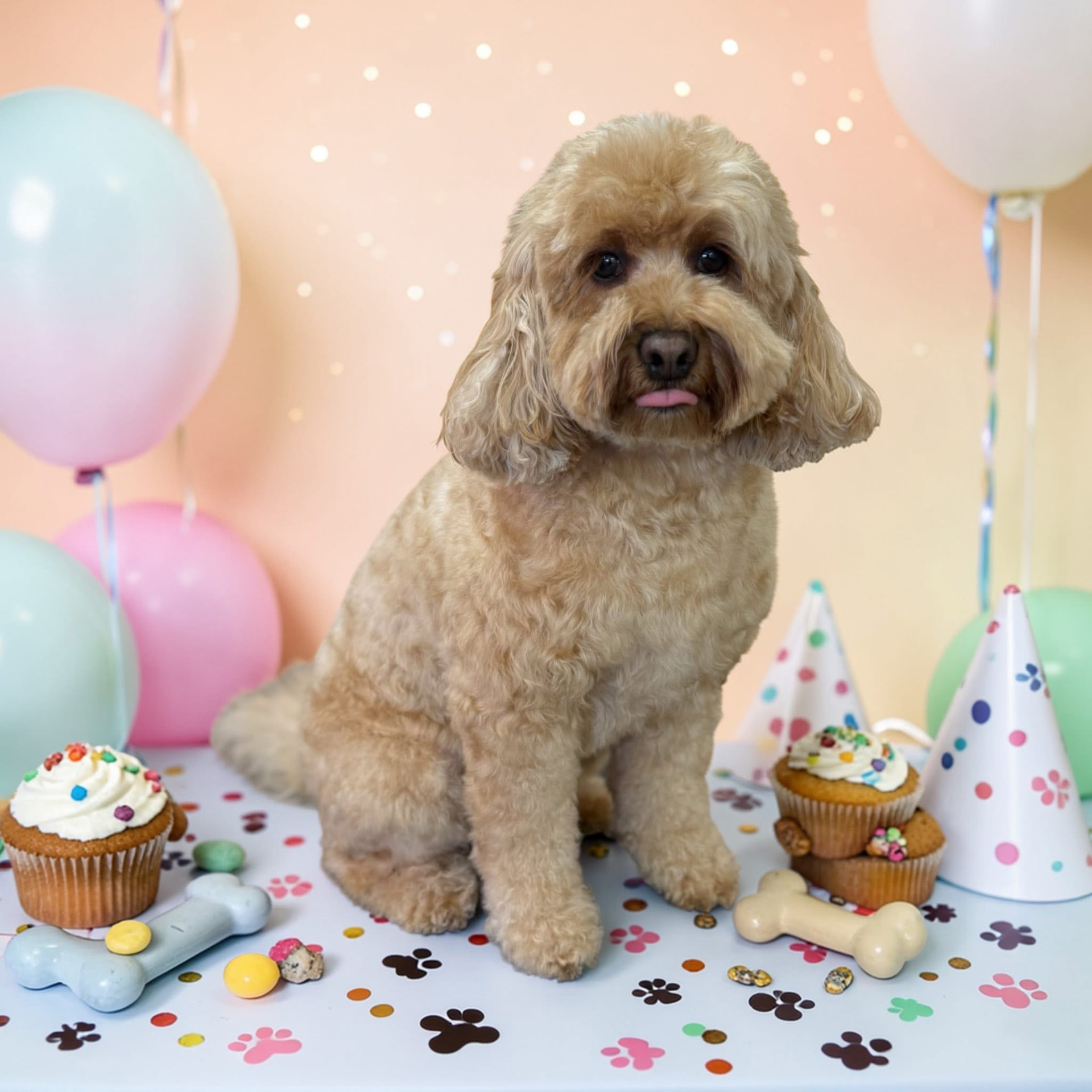 Cockapoo with a fresh round trim sitting among birthday balloons and cupcakes