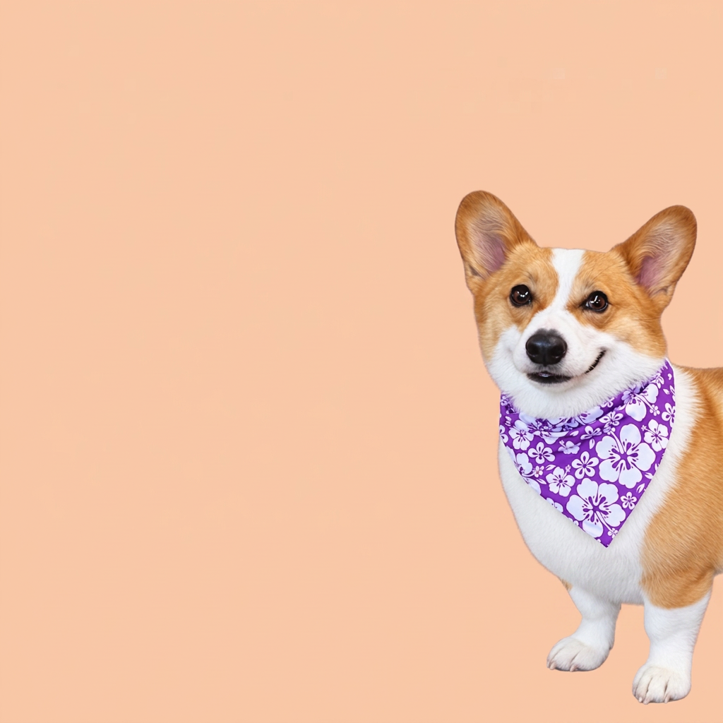 Happy corgi wearing a purple floral bandana on a soft peach background