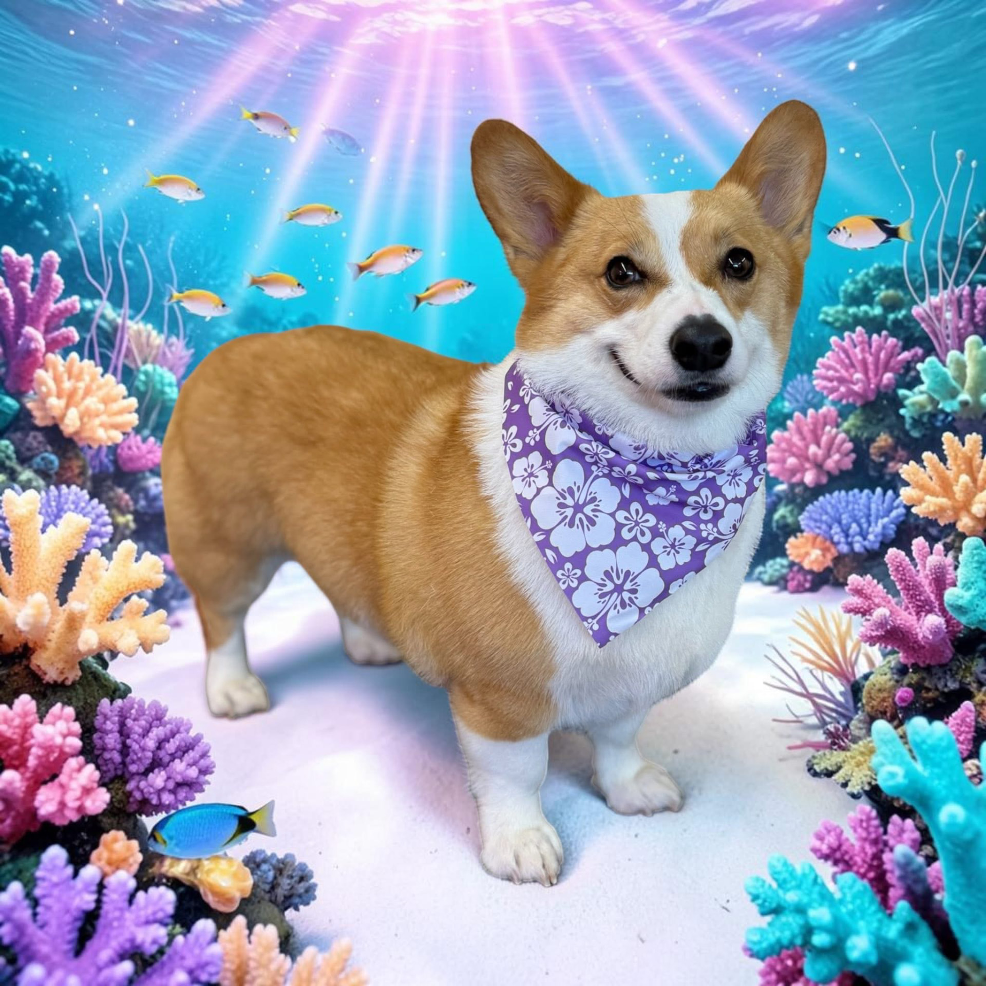 Corgi in a purple hibiscus bandana posed against an underwater reef backdrop