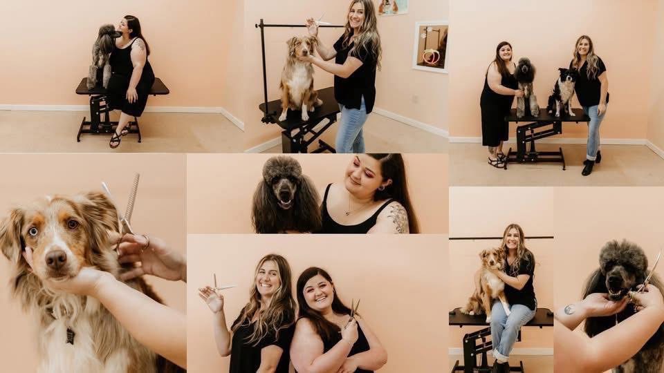 Two Peachy Paws groomers working together with a golden doodle in the salon
